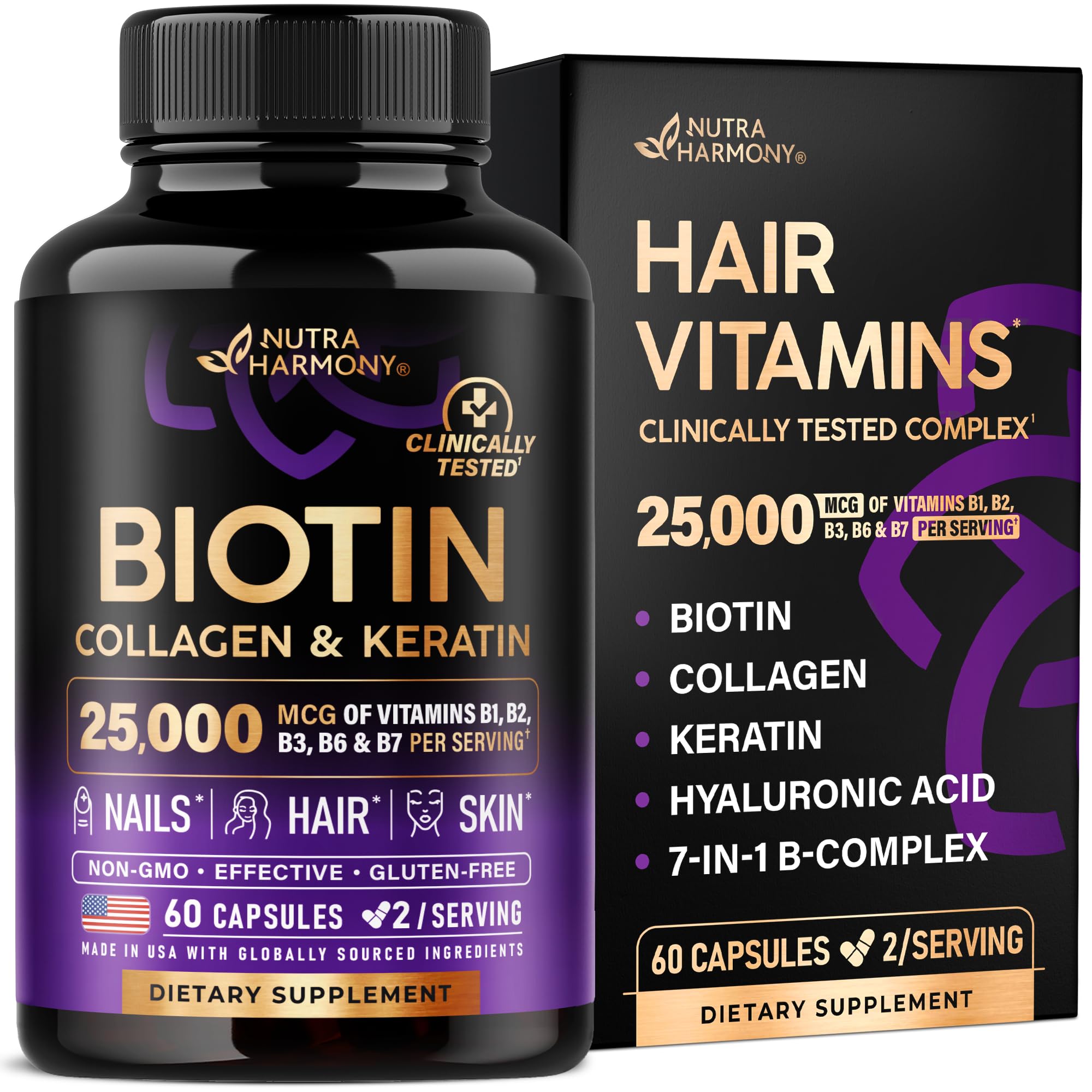 Biotin, Collagen, Hyaluronic Acid & Keratin - Hair Growth Support - 60 Caps