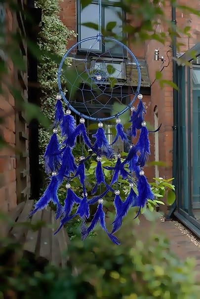 ILU Dream Catcher Wall Hanging Handmade Beaded Circular Net Decoration Ornament Blue Size 16 cm Diameter