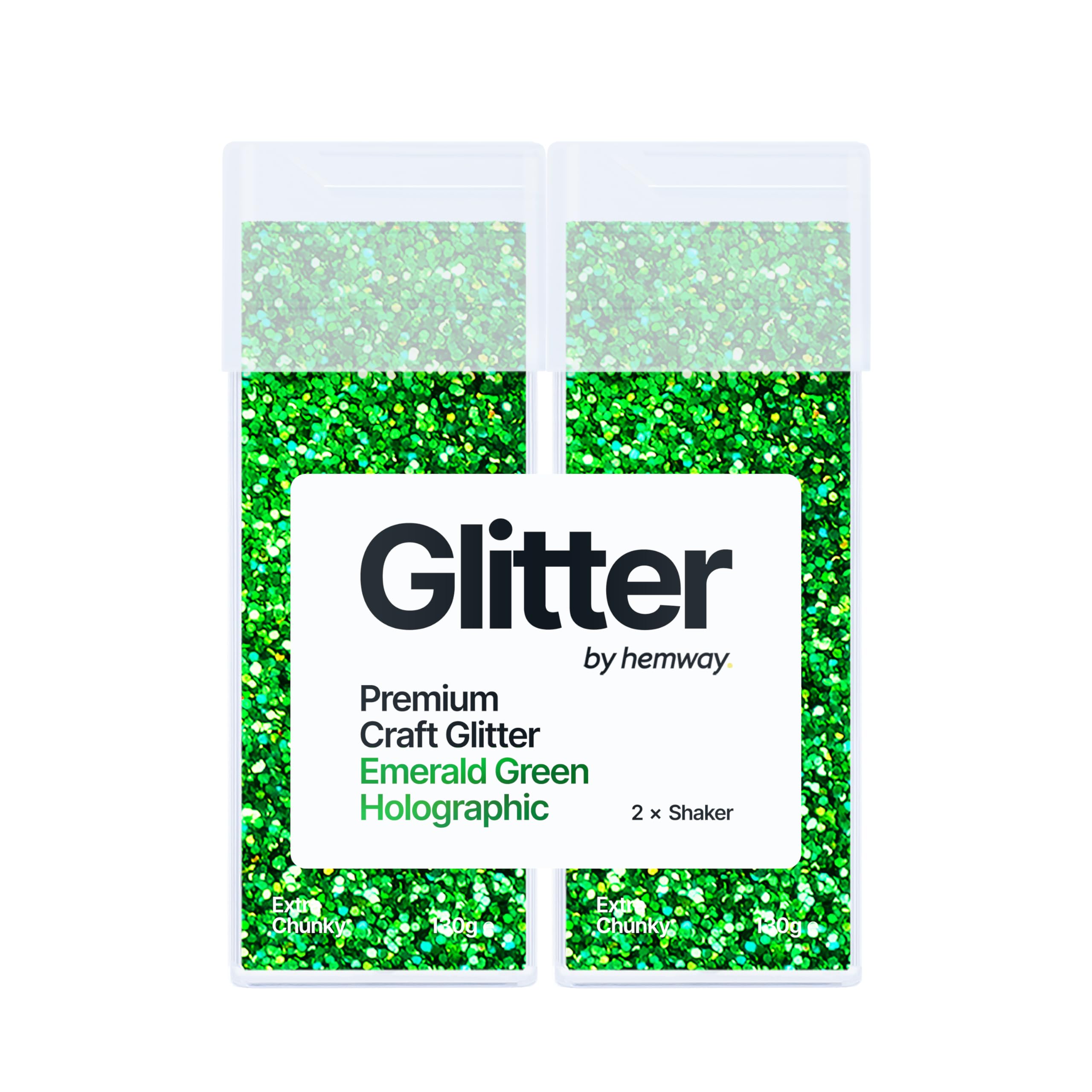 Hemway Glitter Shaker Emerald Green Holographic 130g x2 Pack Extra Chunky, Craft Glitter Shakers for Resin & Epoxy Crafts, Christmas Art Supplies, Nail, Body, Face, Festival, Crafting, Slime, Sparkle