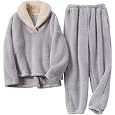 Arssm Women Fluffy Pajamas Set Fleece Pajamas Winter Warm Loose Plush Fuzzy Sets 2 Piece Cozy Sleepwear