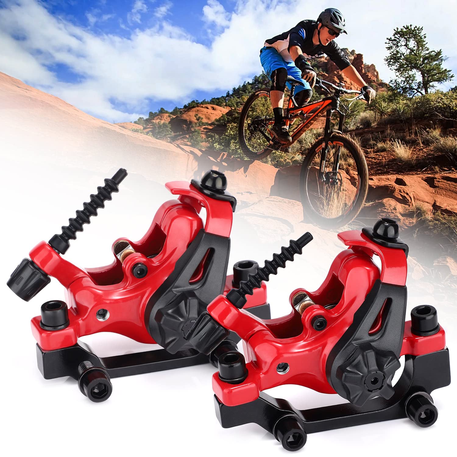 TOBWOLF 1 Pair Mechanical Disc Brake Kit, MTB Front & Rear Disc Brake Caliper with 160mm Rotor, Dual Piston Mechanical Disc Brake Set, Bicycle Accessories for Mountain Bike, Road Bike, BMX - Red