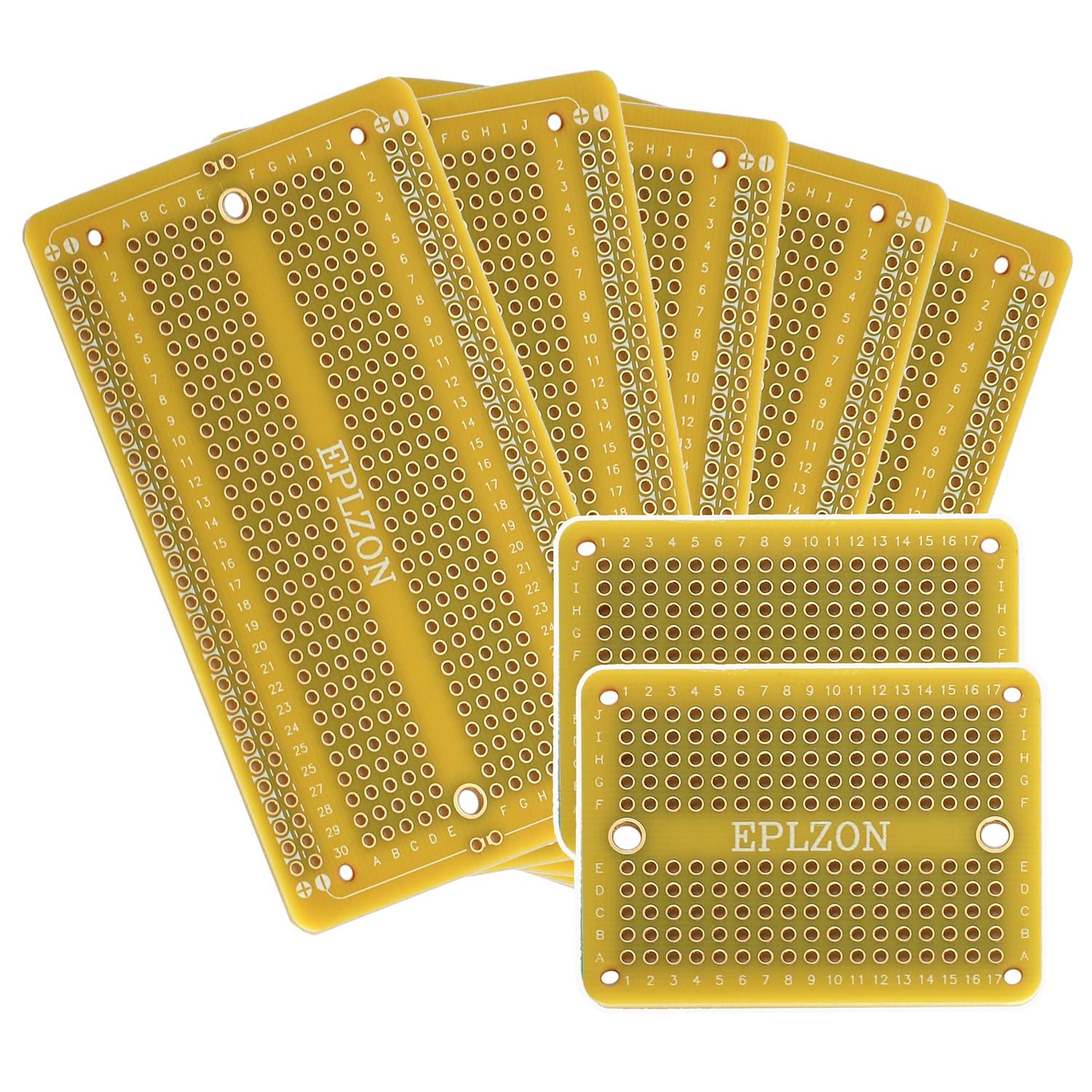 EPLZON Plated PCB Solder-able Breadboard for Electronics Projects Compatible with Arduino Soldering Projects 2.05"x3.5" (5 Pack + 2 Mini Board, yellow)