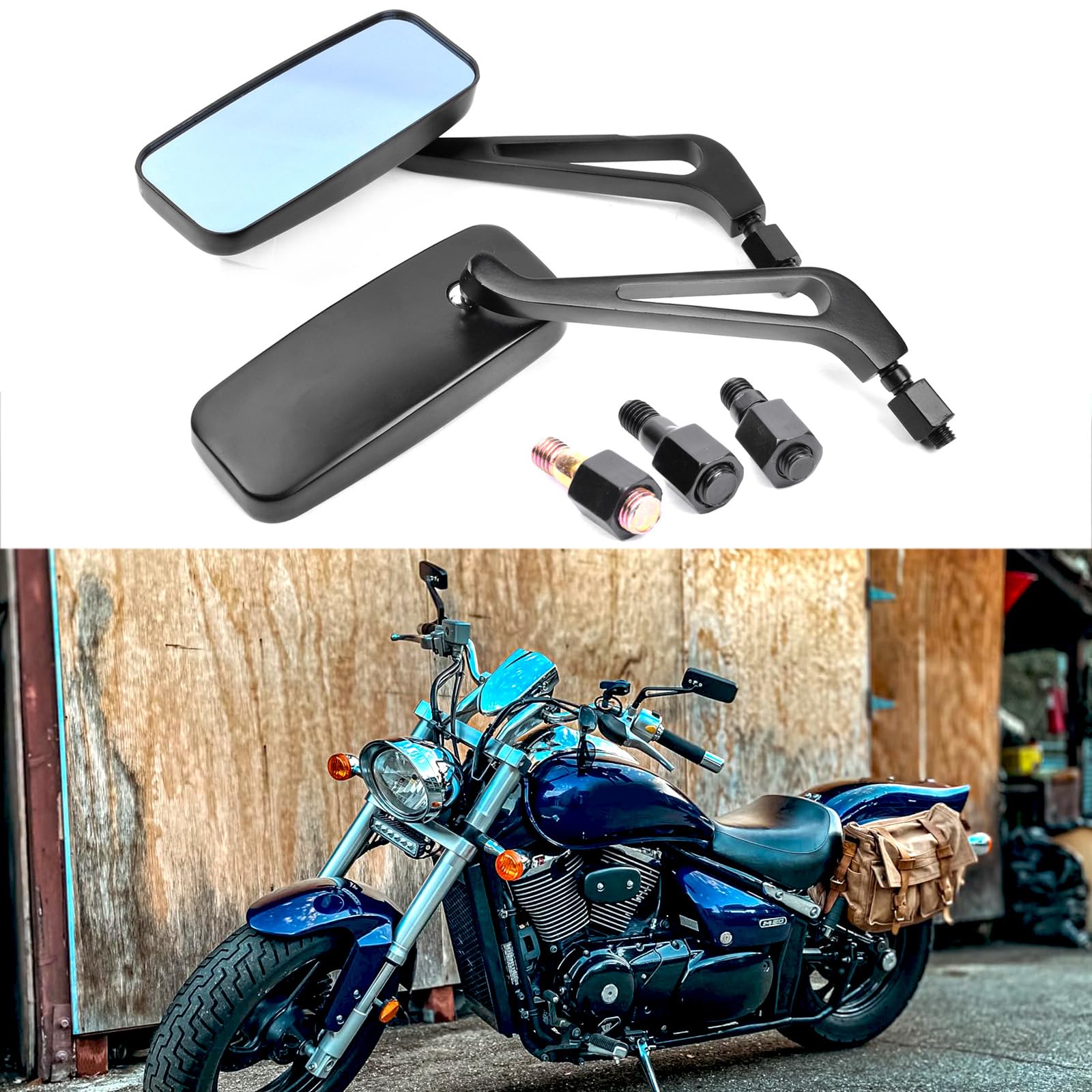 Photo 1 of Devilmotor Black Rectangle Motorcycle Bobber Mirrors for Cruiser Chopper with Smoke Blue 8mm-10mm (Black)