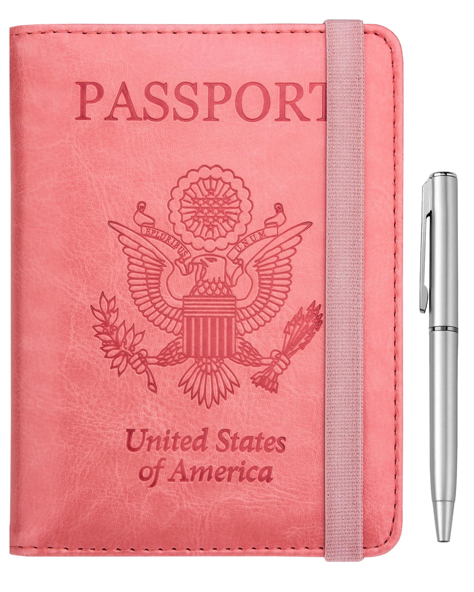 WALNEW Passport Holder for Travel, RFID Passport Cover Wallet for Women Men, PU Leather Passport Book Card Holder Case with Pen, Travelling Essentials for Flying, A-Pink, OneSize, Elastic Band Closure