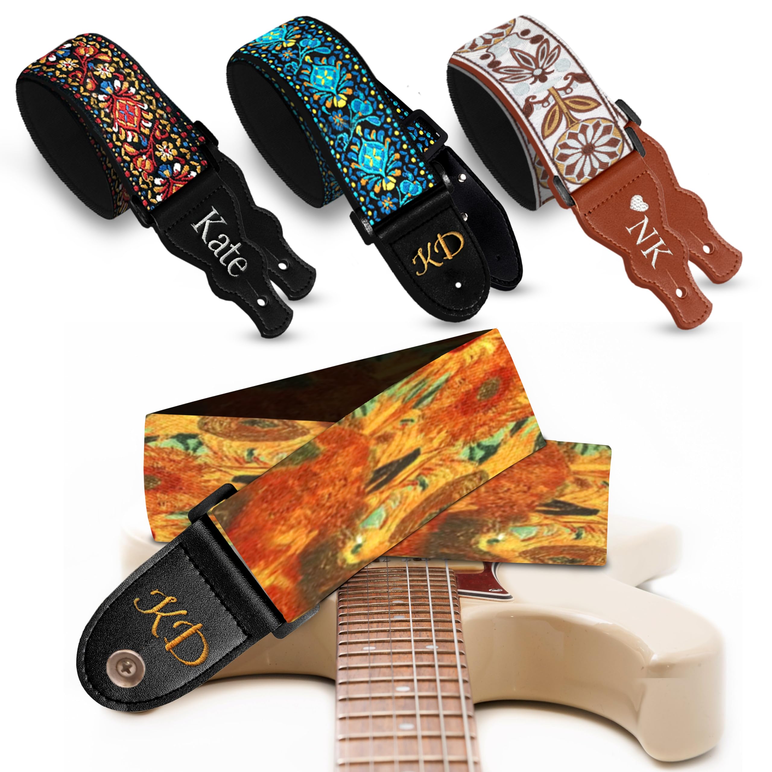 Art Tribute Personalized Guitar Strap Van Gogh Sunflower Design Includes 2 Strap Locks & 2 Picks, Add Your Text and We Make It Especially For You, Your Own Custom Guitar Strap Image