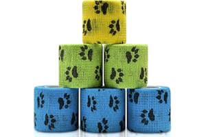 KREYFER 6 Roll 2 Inch x 5 Yards Paw Print Pet Vet Wrap for Dogs Cats, Cohesive Bandages in Bulk, Colorful Non-Woven Self Adhesive Bandages Wrap Roll for Pet Animals Wound Care, Ankle Sprains and Swelling