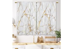 Laifzere Gold Marble Kitchen Curtains Golden Luxury Abstract Small Short Cafe Window Curtains White Modern Texture ink Rod Pocket Bathroom Window Drapes Treatment Tier Curtains 2 Panels (27.5x39 Inch)