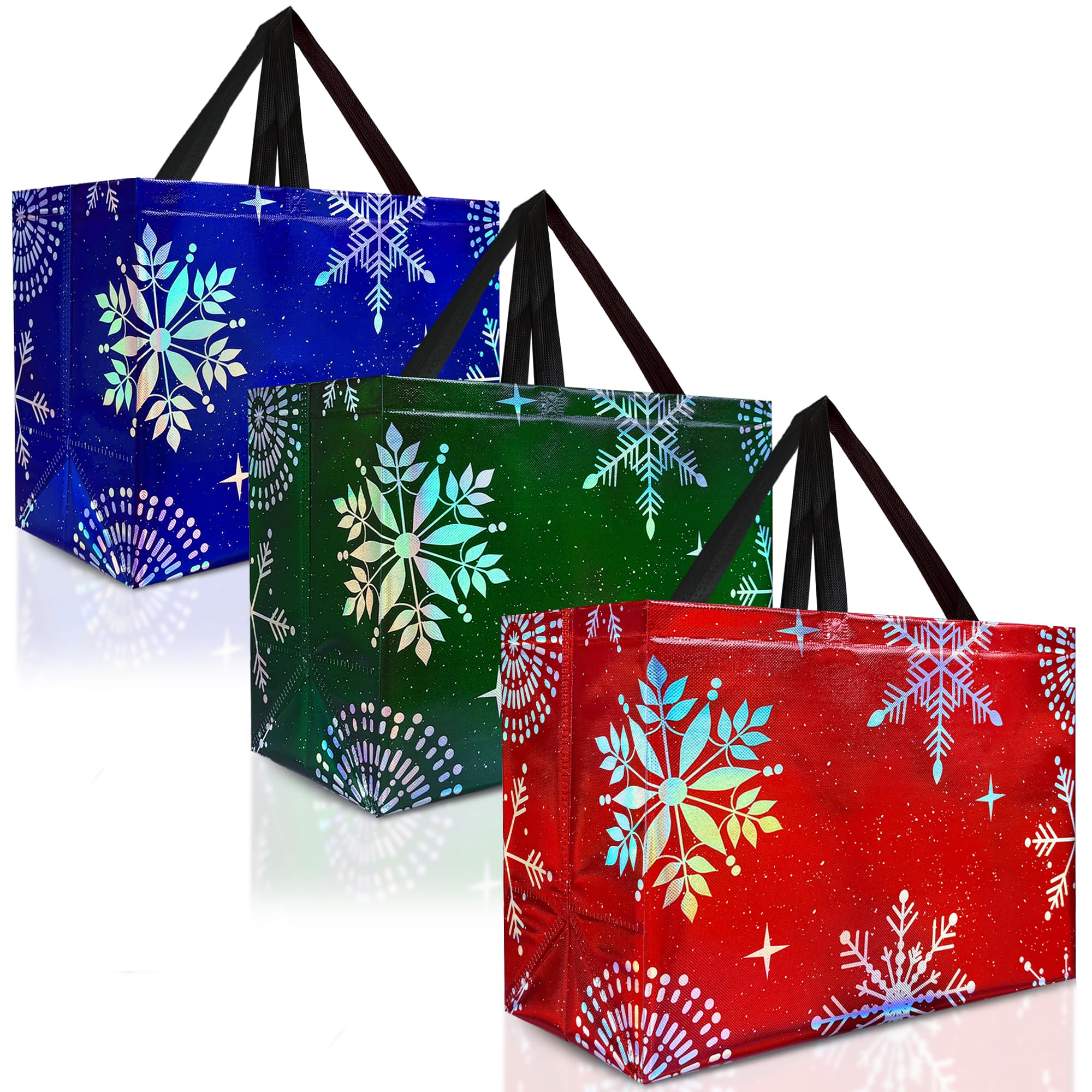 Nush Nush Snowflake Gift Bags - Set of 12 Extra Large Christmas Gift Bags with Handles (4 Each of Blue, Green and Red Colors) - Reusable Christmas Bag XL for Holiday Gifts, Party Favors - 17Wx7.5Dx12H Image
