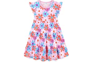 BUMEEX Girl's Cotton Long Sleeve Tiered Swing A-Line Cute Midi Casual Dresses
