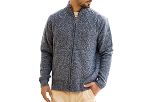 LES UMES Men's Cardigan Knitted Full Zipper Cardigan Sweaters Fleece Lined Sweater Warm Stand Collar Tops with Pockets