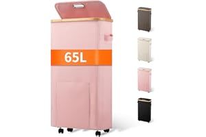 Vincona Laundry Basket with Wheels, Tall Dirty Clothes Hamper on Wheels, Rolling Laundry Hamper with lid for Dorm, Bedroom and Bathroom (Pink, 65L)