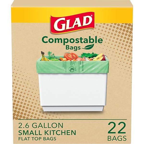 GLAD KITCHEN COMPOST BAGS, 2.6 GALLON SMALL FLAT TOP BAGS, UNSCENTED, 22 COUNT (PACKAGE MAY VARY)