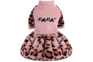 DOSUYI Leopard Dog Sweater Dress Fleece Puppy Dresses for Small Dogs Girl Winter Warm Pet Clothes Female Birthday Party Outfit for Chihuahua Yorkie Shih Tzu Teacup Cold Weather Cat Apparel Skirt Clothing