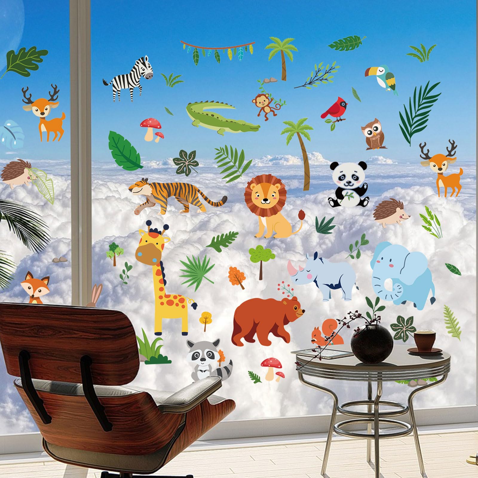 ORIGACH 9 Sheets Sunmmer Animals Window Clings Wild Animals Window Decals Forest Animals Stickers Home Kitchen Nursery Zoo Animals Party Supplies Decorations