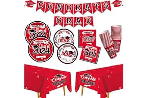MOORAY Graduation Party Supplies 2024 Graduation Party decorations Dinnerware Set Red Disposable Paper Plates Napkins Cups Tablecloth Banner for Congrats Grad Party Decorations, Serve 25