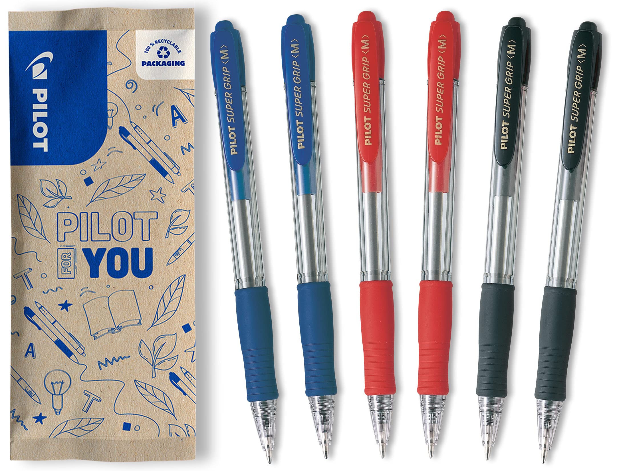 PILOT Super Grip Ballpoint Pen Set of 6 in M (Blue, Black, Red)
