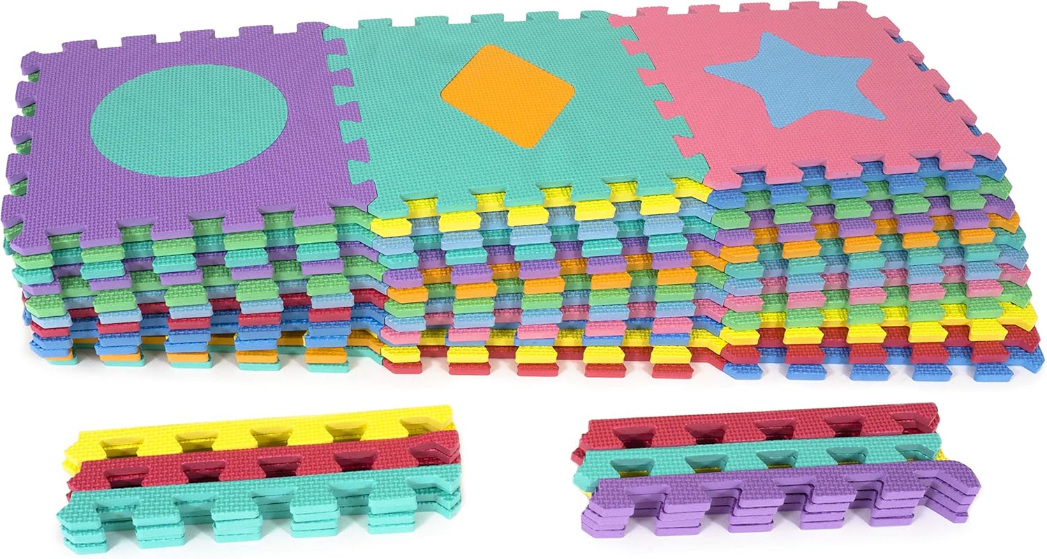 ProSource Kids Foam Puzzle Floor Play Mat with Shapes & Colors 36 Tiles, 12"x12" and 24 Borders: Sports & Outdoors