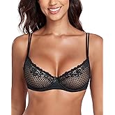 Lemorosy Women's Balconette Lace Bra Unlined Underwire Sexy Sheer Mesh See Through Bralette Unpadded Demi Balcony Brassiere