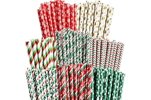 ALINK 100 Christmas Paper Straws, 8 Styles Red Green White Gold Biodegradable Party Drinking Straws with Stripe, Wave, Christmas Tree Snowflake Design Decorations Supplies