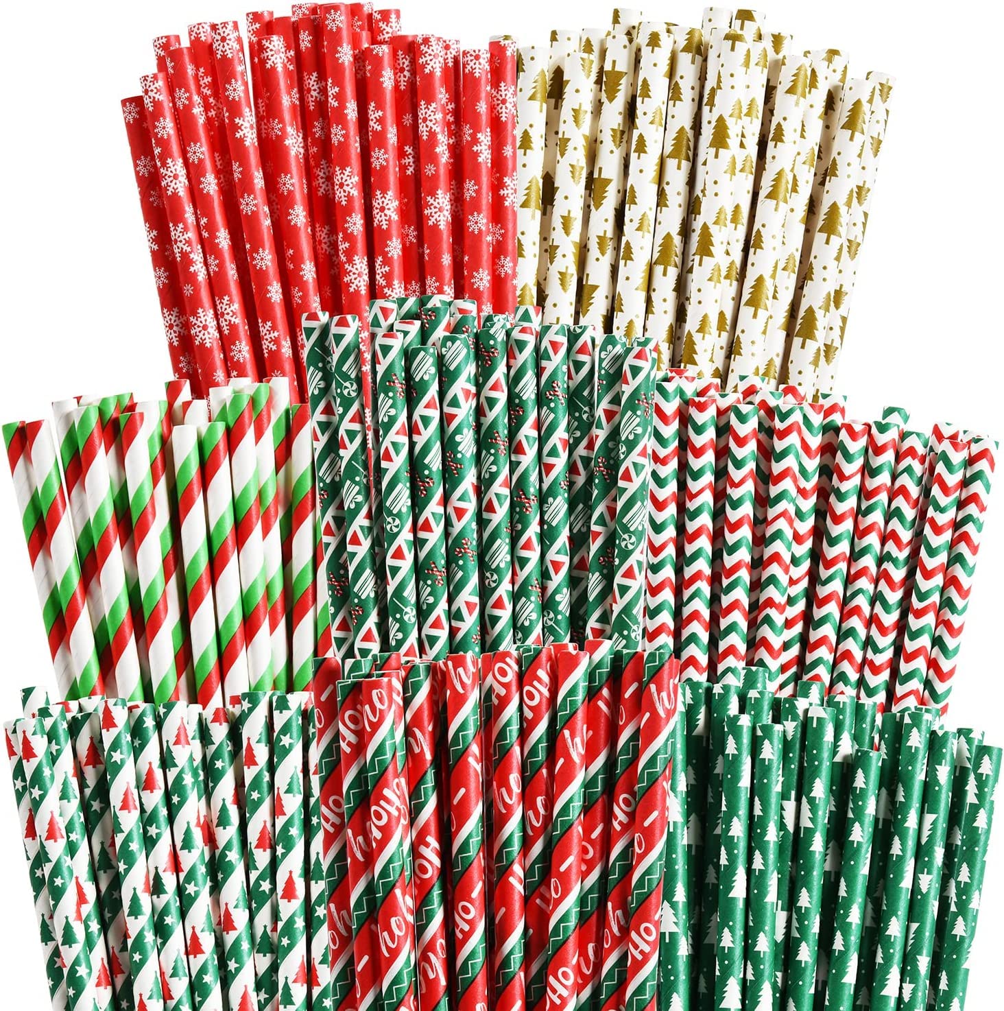 ALINK 100 Christmas Paper Straws, 8 Styles Red Green White Gold Biodegradable Party Drinking Straws with Stripe, Wave, Christmas Tree Snowflake Design Decorations Supplies