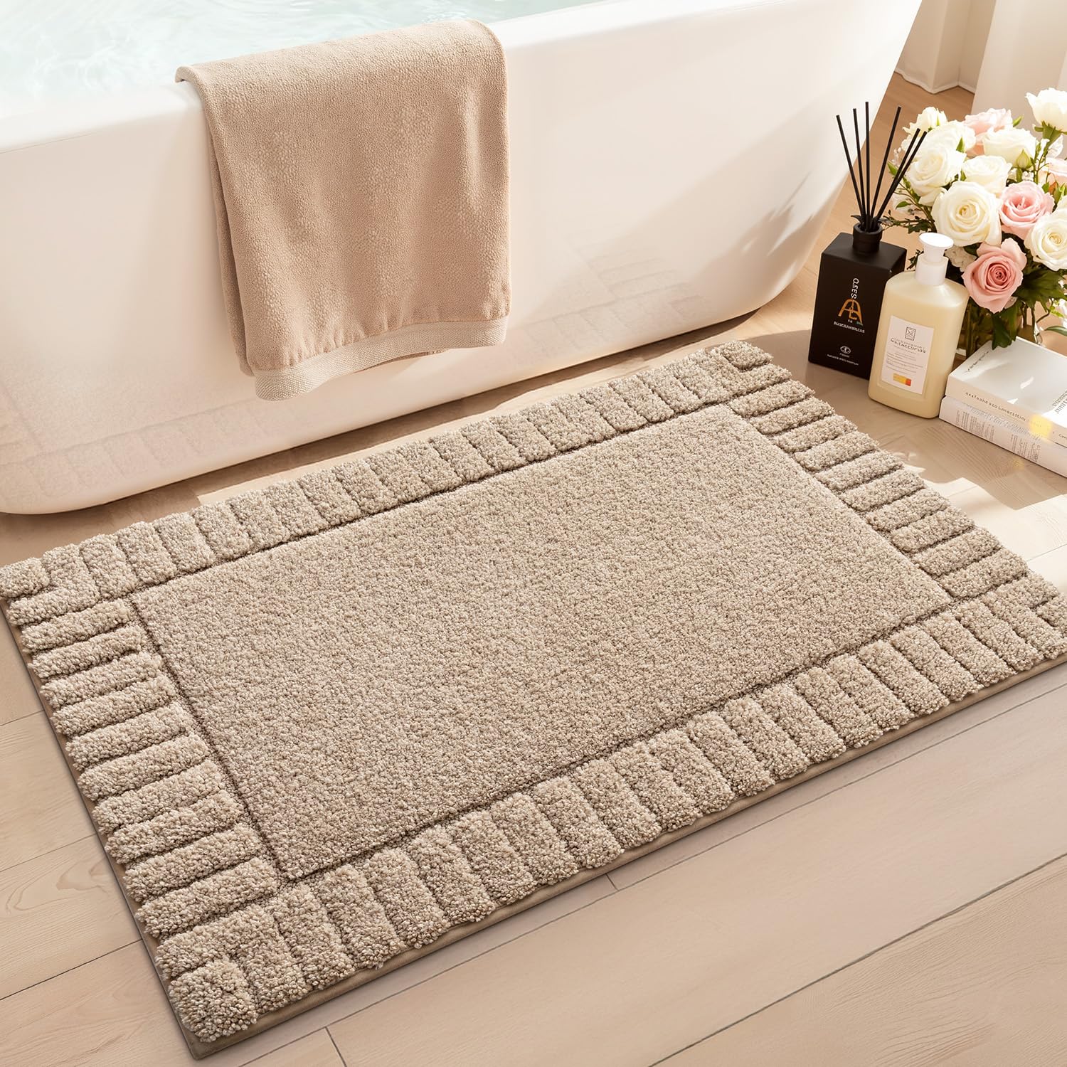 Photo 1 of LUMI Bathroom Rugs Non Slip with Rubber Backing, Extra Soft Plush Microfiber Bath Rug Absorbent, Machine Washable Bath Mat Quick Dry for Tub, Shower, Hotel, Beige, 16"x24"