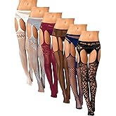 Skylety 6 Pairs Fishnet Stockings for Women Plus Size Thigh-high Tights Stockings Suspender Pantyhose Garter Belts