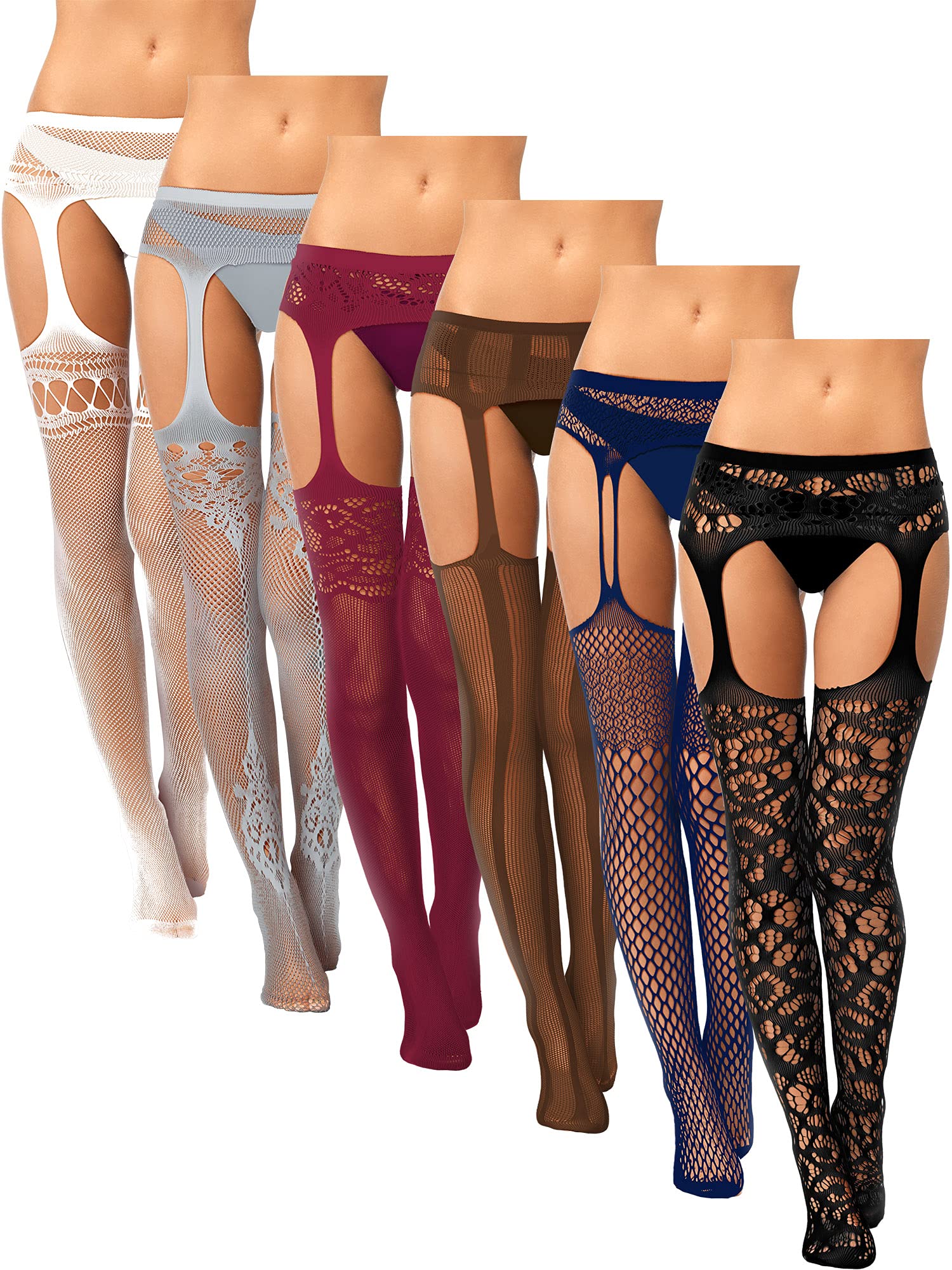 Photo 1 of Skylety 6 Pairs Fishnet Stockings for Women Plus Size Thigh-high Tights Stockings Suspender Pantyhose Garter Belts(Medium-large,White, Grey, Wine Red, Coffee, Navy Blue, Black)