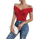 SweatyRocks Women's Off Shoulder Twist Front Ribbed Knit Short Sleeve Tops Casual Elegant Slim Fit Tee Shirts