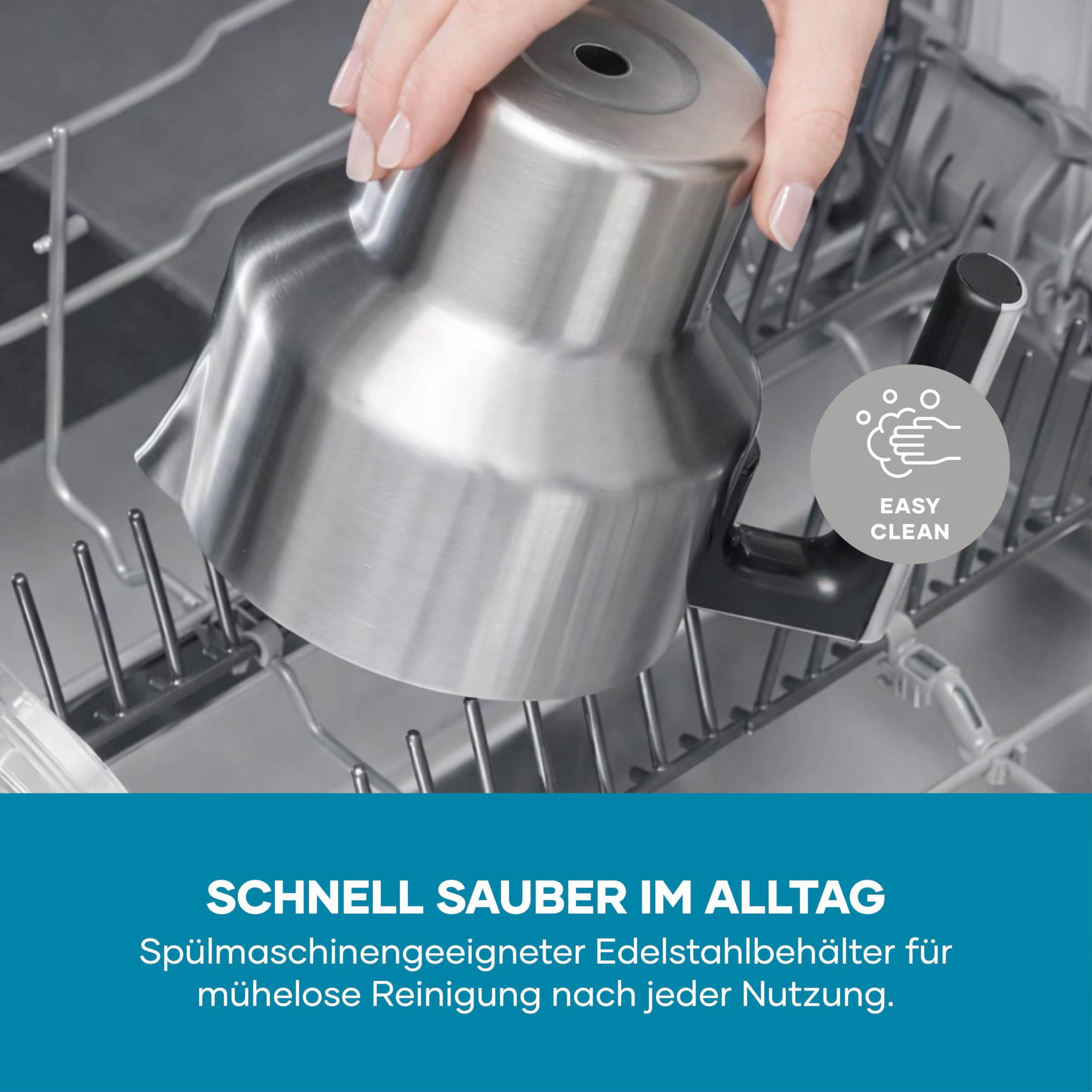 SEVERIN SPUMA 700 Induktions-Milchaufschäumer, elektrischer Milchaufschäumer ohne Anbrennen, spülmaschinengeeigneter Milchschäumer, Edelstahl-gebürstet/schwarz-matt, SM 3586 9