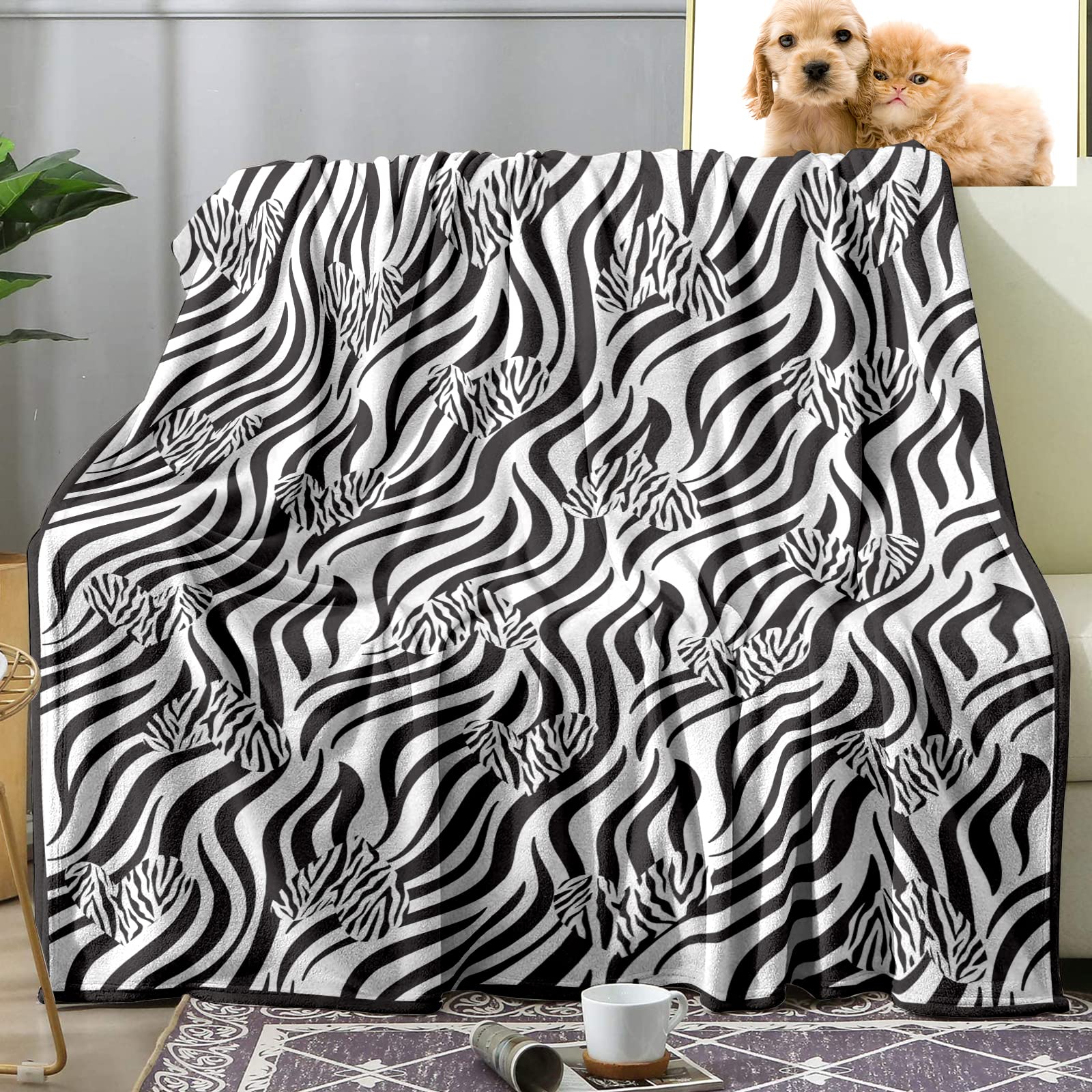 Sowide Zebra Blanket, Black White Soft Fleece Blanket Throws, Flannel Zebra Animal Print Blanket with Hearts, Cozy Warm Lightweight Fuzzy Plush Gifts for Mother Adults, Home Bedroom Couch Nap, 60"x80"