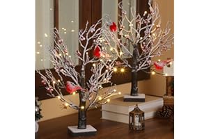 REALSPRING 2 Pcs Vintage Glowing Tree with Cardinals Lighted Snow Christmas Mini Tree 24 LED Cardinal Little Red Bird Table Decoration for Tabletop Centerpiece Xmas Indoor Home Decor, Operated by Battery
