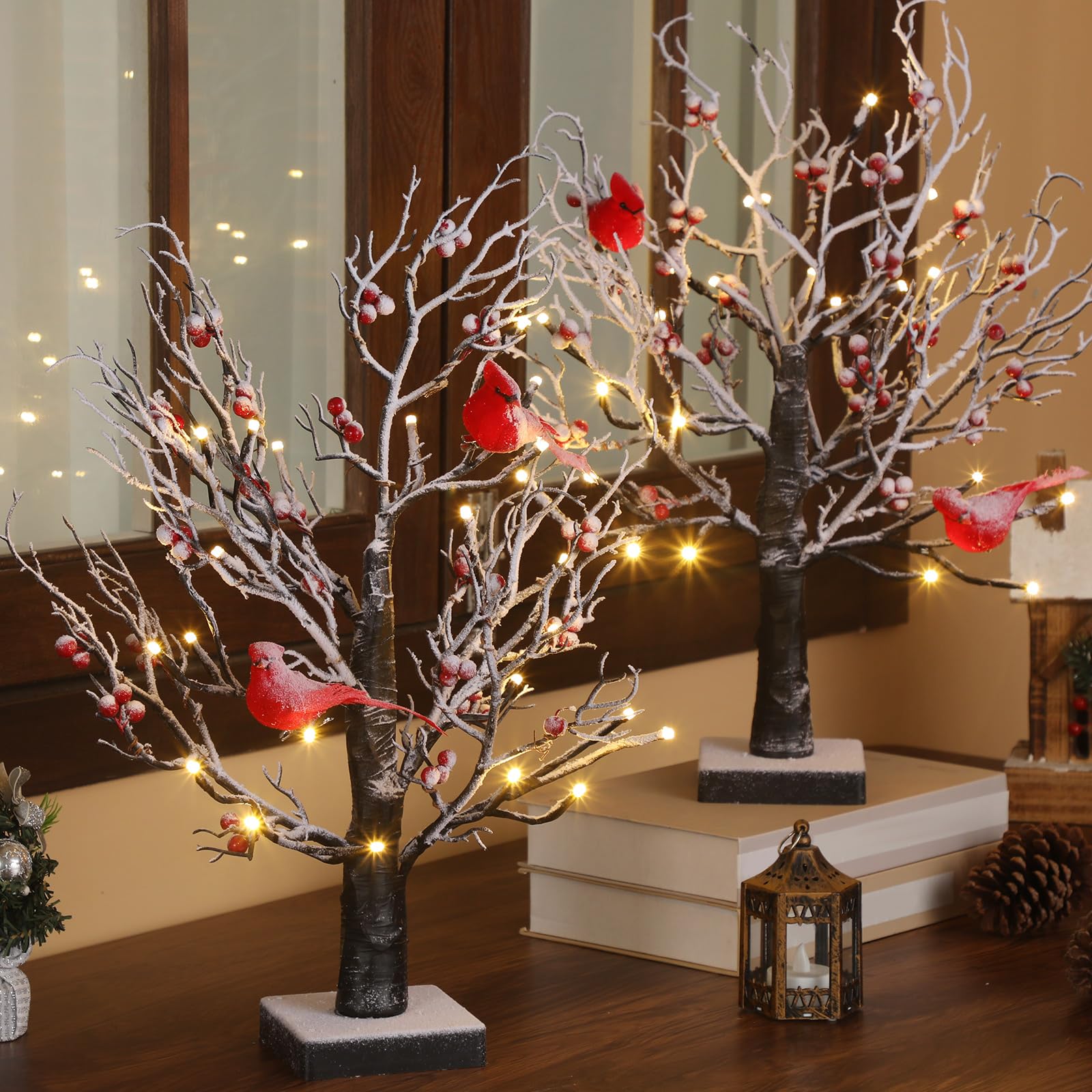 Photo 1 of 2 Pcs Vintage Glowing Tree with Cardinals Lighted Snow Christmas Mini Tree 24 LED Cardinal Little Red Bird Table Decoration for Tabletop Centerpiece Xmas Indoor Home Decor, Operated by Battery