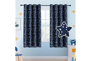 PrinceDeco Blackout Curtains for Kids Bedroom Glowing Night Sky Design Black Out Curtains 63 Inch Long Kids Blackout Curtains for Boys Energy Efficient Thermal Insulated Window Treatment,Navy