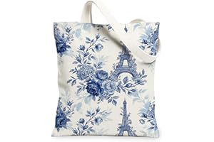 Paris Tower Canvas Tote Bag for Women, Vintage Romantic Roses Hydrangeas Spring Blue Washable Reusable Small Tote Bag for Sho