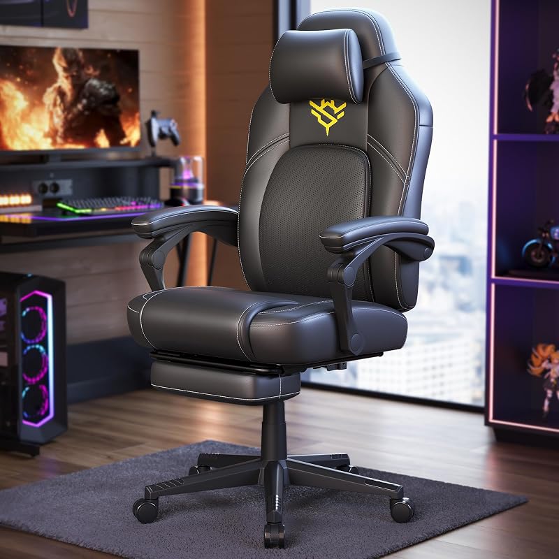 Cadeira de jogos, cadeira ergonómica de computador de corrida com apoio para os pés, com apoio de cabeça, couro sintético, altura ajustável, tinta preta OBG072B01