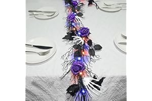 HAMIFINEE 6.56FT Halloween Dead Branch Garland with Lights Purple and Orange LED Battery Operated with Timer Purple Roses White Skull Hands Maple Leaves Black Garlands Wreath for Halloween Home Door Decorations