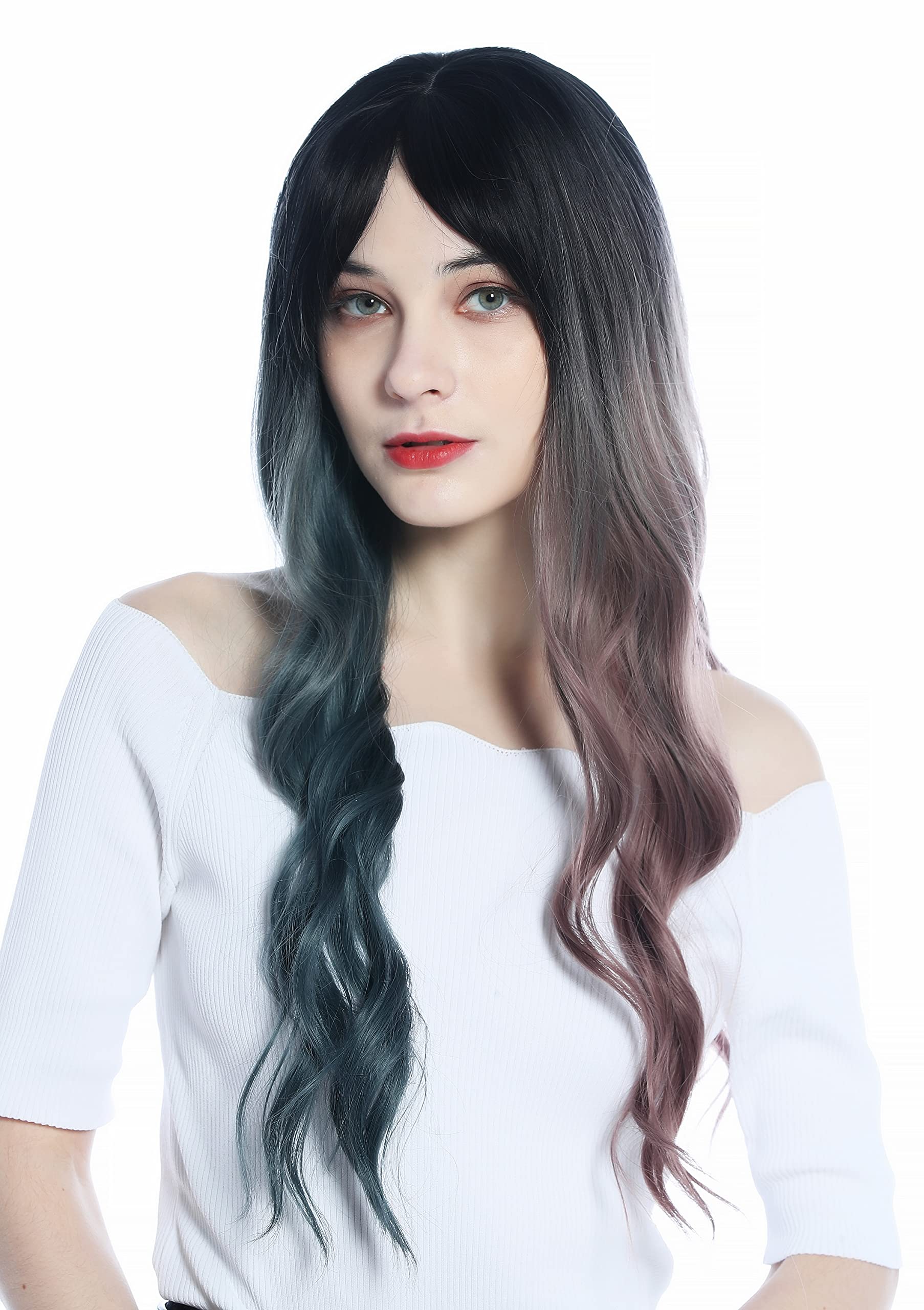 WIG ME UP - C8259-612-422 Ladies' Wig long wavy ombre black asymmetrical colouration grey-blue other side dark pink