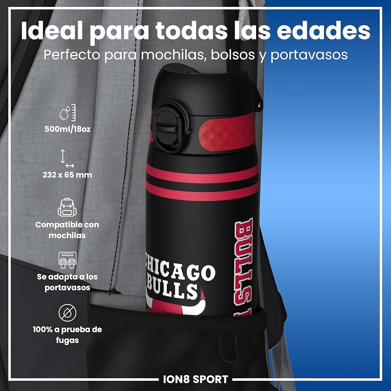 NBA Chicago Bulls Botella Agua, 500ml, a Prueba de Fugas, Fácil de Abrir, Cerradura Segura, Apta para Lavavajillas, Sin BPA, Asa de Transporte, Fácil de Limpiar