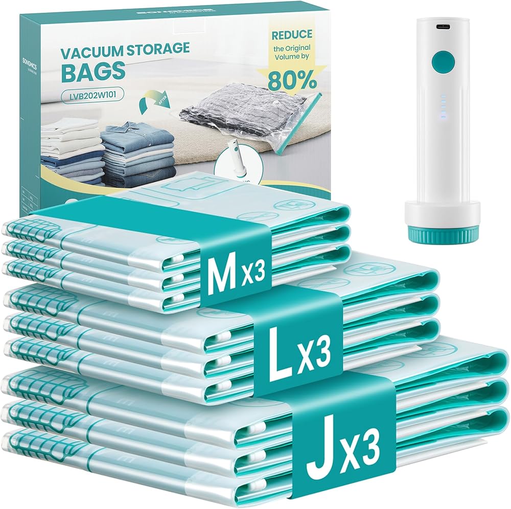 SONGMICS Vacuum Storage Bags, Rechargeable Portable Electric Pump, Space Saver Vacuum Seal Suction Bags for Clothing Travel B