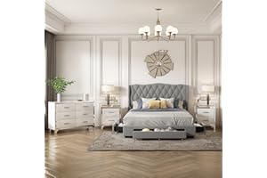 Flieks 4-Pieces Bedroom Sets, Queen Size Upholstered Bed with 3 Drawers, High Gloss Mirrored Nightstands and Dresser with Metal Handles and Legs, Gray