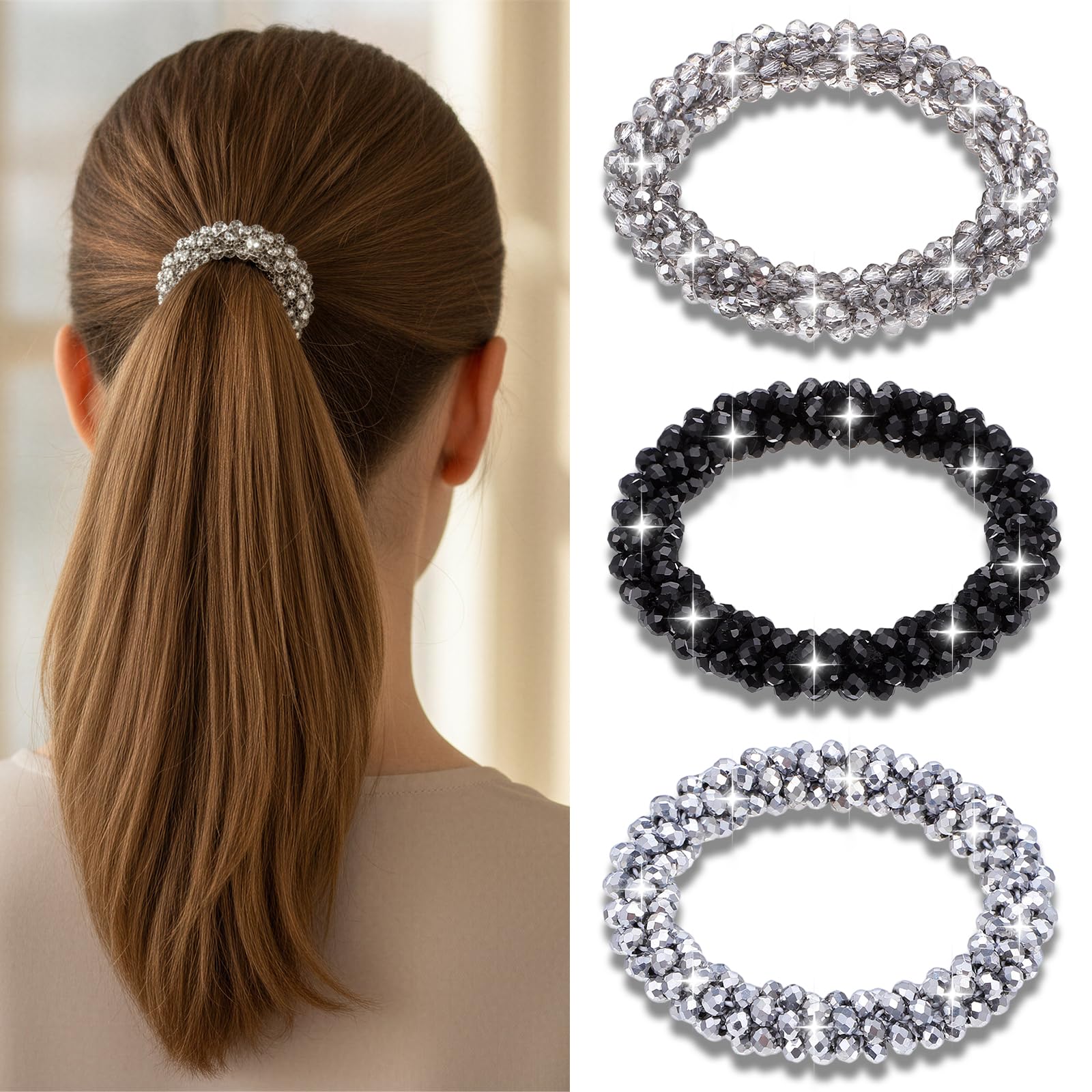 Photo 1 of 3 PCS Rhinestone Hair Tie, Sparkly Ponytail Holders,fancy Glitter Hair Scrunchies Rhinestone Hairs Accessories for Women and Girls