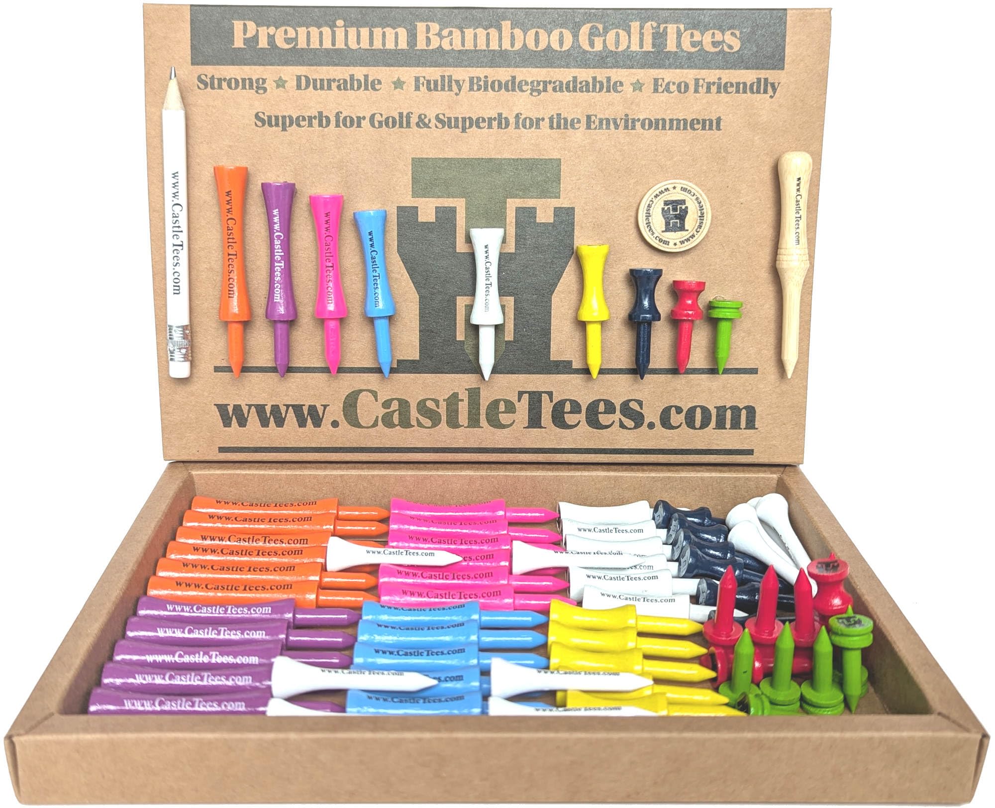 Castle Tees Official Mixed Set – 64 Tees Mixed Sizes/Colours Premium Bamboo Golf Tees with a Free Pitch Repair Tool, Ball Marker & Pencil. Twice the strength of regular bamboo A Great Golf Gift