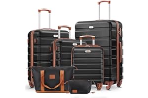 Suitour 6 Piece Luggage Sets,16 20 24 28 inch Hardside Carry-on and Checked Suitcase Set with Travel Duffle Bags(Black Tan)