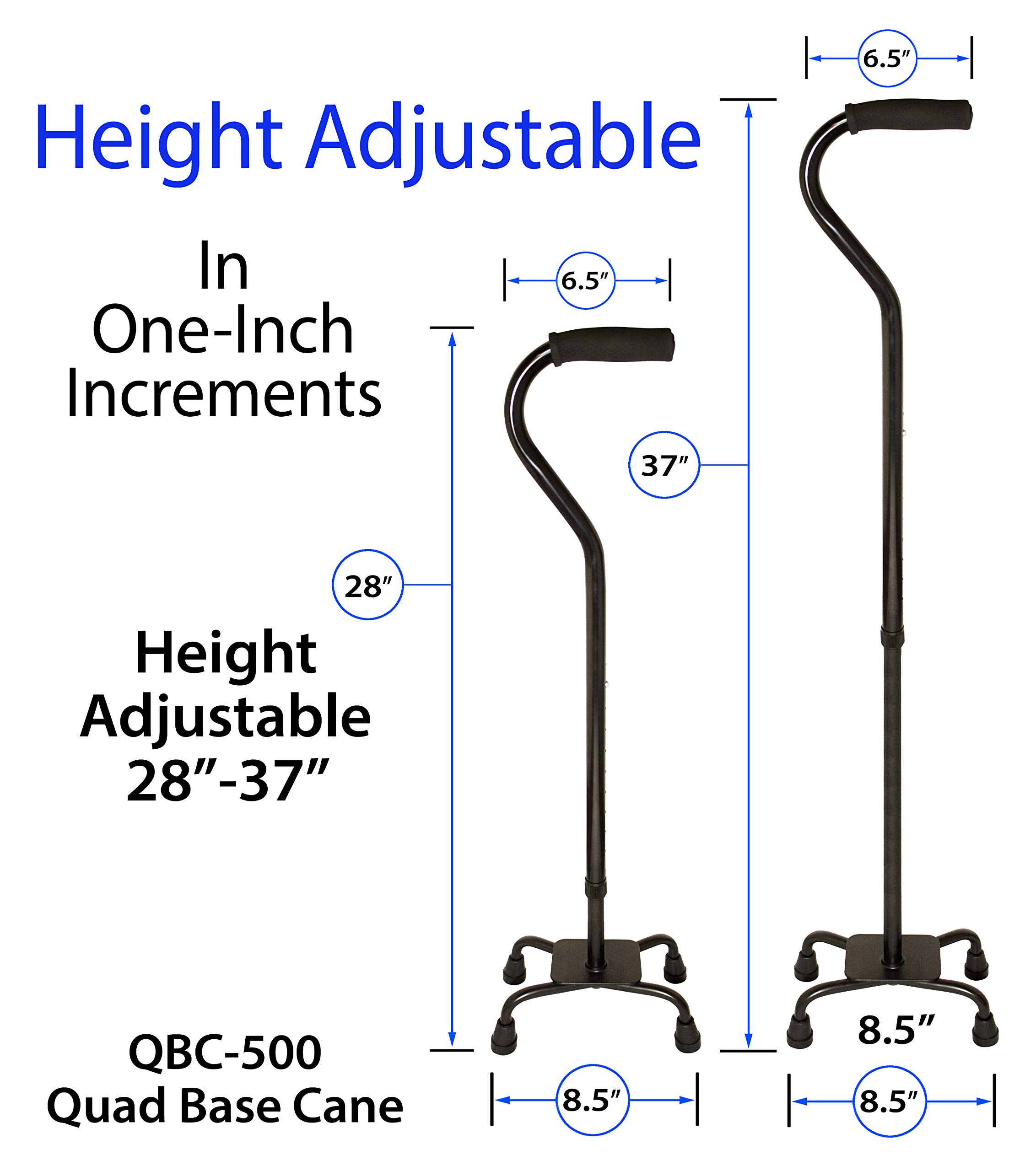 RMS Quad Cane - Adjustable Walking Cane with 4-Pronged Base for Extra Stability - Foam Padded Offset Handle for Soft Grip - Works for Right or Left Handed Men or Women (Black)