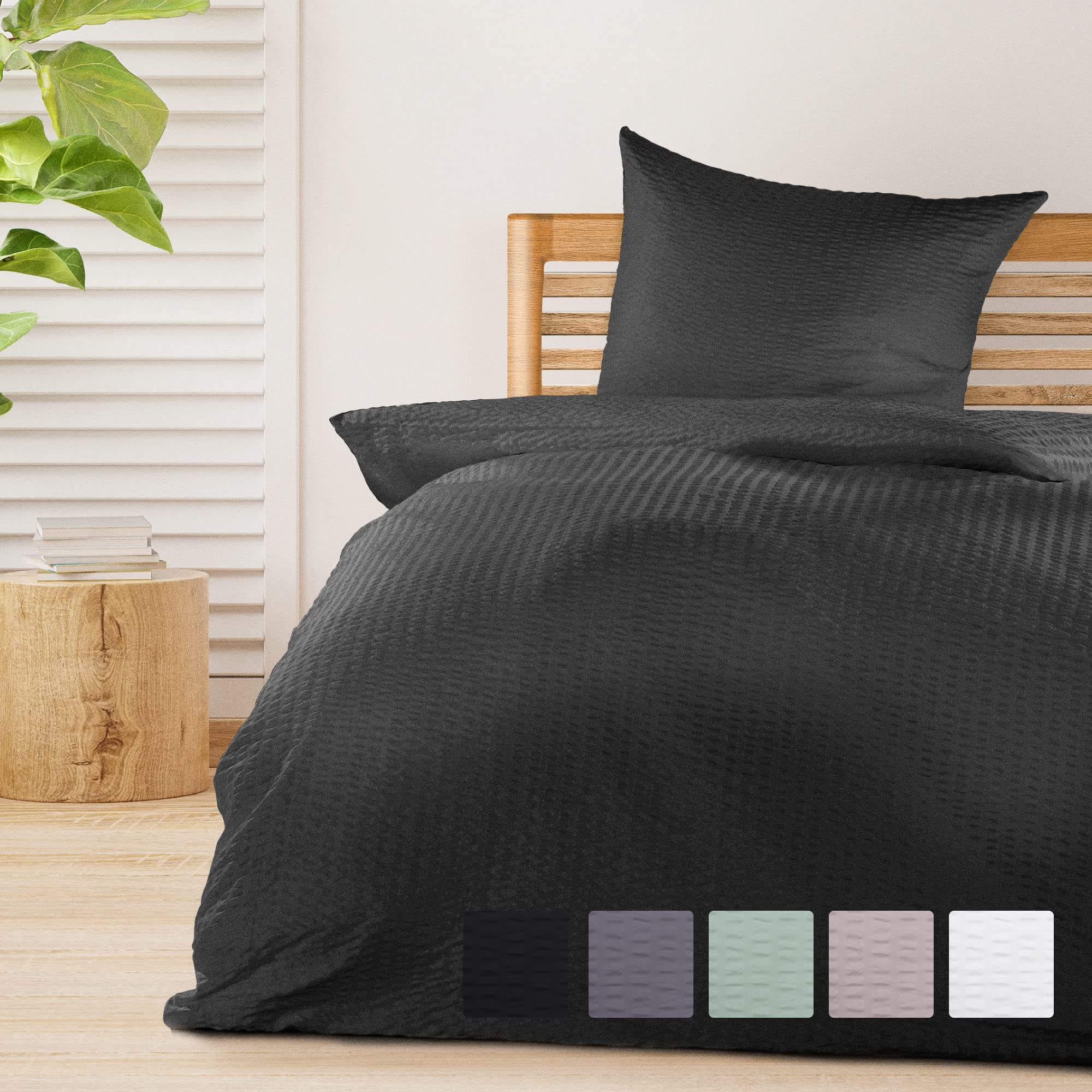 Beautissu 2pcs Seersucker Bedding Set 155x220 cm Meline – Non-Iron Duvet Cover Set with Zipper Cooling Summer Bedding – Breathable & Skin-Friendly Pillow Case & Duvet Cover Black