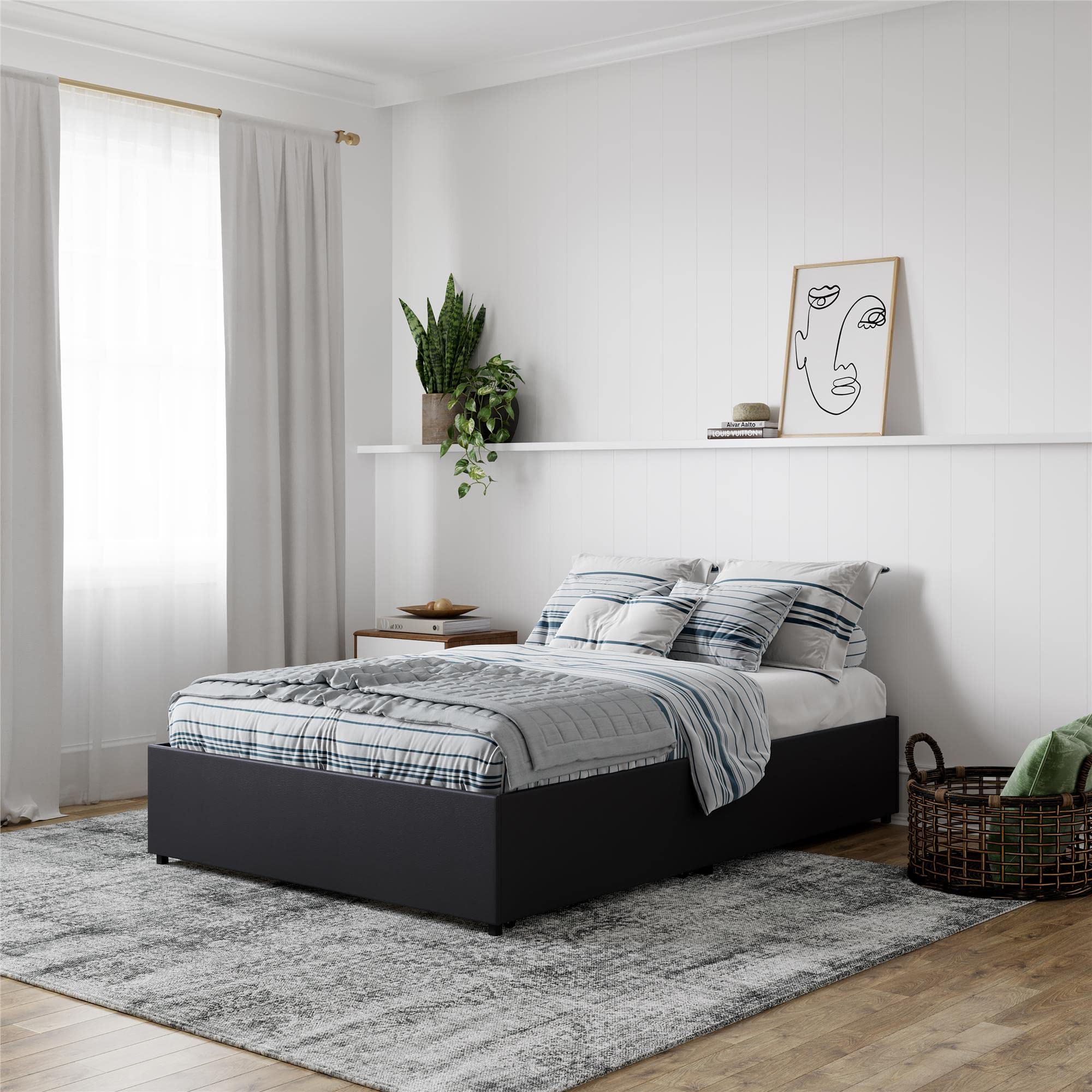 Photo 1 of DHP Maven Upholstered Platform Bed for Raised Mattres Support with Underbed Storage Drawers, No Box Spring Needed, Queen, Black Faux Leather