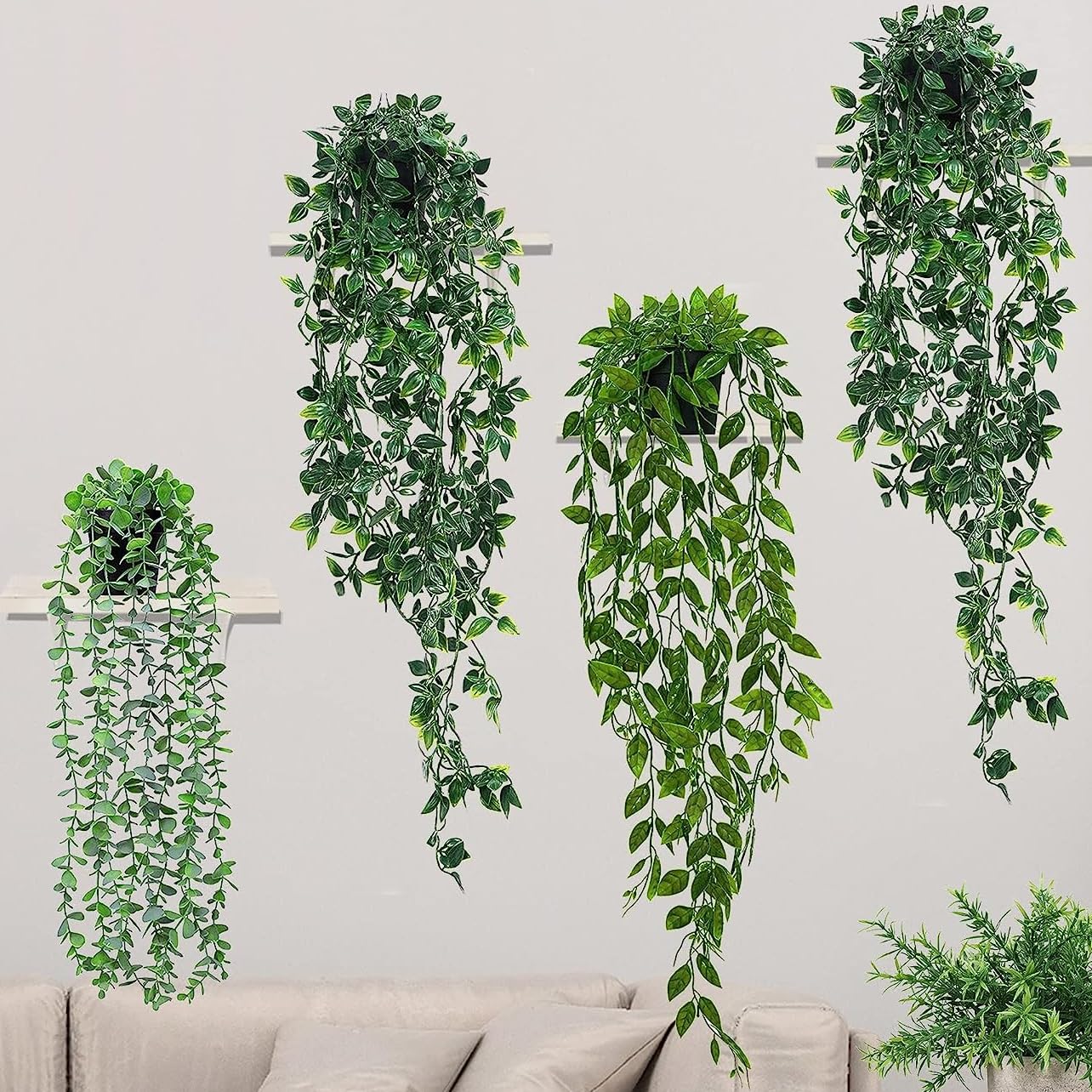 Lighterday Set of 4 Artificial Hanging Plants Fake Plants with Pots Artificial Vines Plants Indoor Outdoor for Wall Home Kitchen Garden Office Decoration