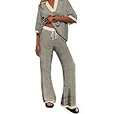 FIRVESPY Womens 2 Piece Outfits Set Oversized 3/4 Sleeve V Neck Knit Tops Drawstring High Waisted Pants Lounge Sets