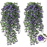 RECUTMS 2Pcs Artificial Hanging Plants Fake Vines Fake Plants Outdoor Greenery Artificial Flower for Outdoors Hanging Basket Plastic Home Garden Wedding Party Decorations(Purple)