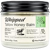 Beef Tallow Honey Balm for Skin: 100% Grass Fed Whipped Organic Moisturizer with Organic Raw Honey, Jojoba Oil, Vitamin E – Natural Face and Body Care for Mature, Dry or Sensitive Skin, 2oz